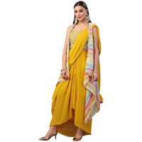 Stylum Women's Solid Georgette Draped Lehenga & Blouse With Printed Jacket (Pcjmustardtaylor36_Mustard, S)