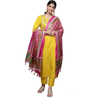 Varanga Women Yellow Yoke Design Kurta With Trousers And Dupatta Set  Embroidered Straight Kurta With Round Collar, Three-Quarter Sleeves, Side Slits, Elasticated Trouser & Printed Bandej Dupatta