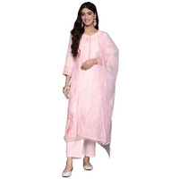 Varanga Women Pink Abstract Straight Kurta Paired With Tonal Bottom And Organza Embroidered Dupatta