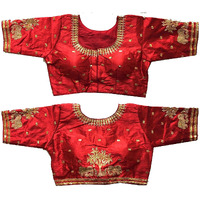 Vihu Fashion Women's Multicolor Phantom Silk Heavy Elephant Gold Thread Embroidery Sequins Zari Work Half Sleeves Readymade Saree Blouse (38 Size +Margin)