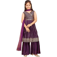 Aarika Girls Ethnic Wear Purple Colour Sequins Zari Embroidery Georgette Kurti Sharara Set (6-13 Years)