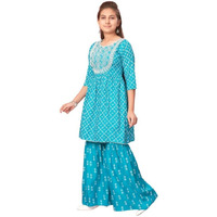 Aarika Girls Firozi Colour Cotton Embroidery Kurti Sharara Set (Sh-Ap-C-4-Firozi-38)