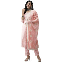 Anubhutee Women's Cotton Pink Yoke Design Straight Kurta Suit Set With Palazzo And Dupatta