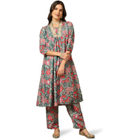 Greciilooks Women Semi Cotton Floral Alia Cut Regular Fit Kurta Set (Olive, Medium)