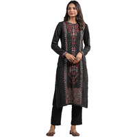 Ishin Women's Charcoal Jacquard Style Ethnic Motifs Straight Winterwear Kurta