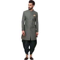 Kisah Men's Indo-Western Sherwani Dhoti Set, Green Silk Blend, Jacquard Regular Fit Mandarin Collar Long Sleeves (M)