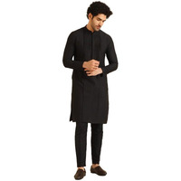Kisah Men's Kurta Trouser Set, Black Cotton Blend, Embellished Regular Fit Mandarin Collar Full Sleeves (44)