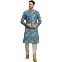 Kisah Mens Kurta Churidar Set, Cotton Blend Printed Mandarin Collar Long Sleeves, Turquoise Blue Ethnic Wear Set For Men, 38