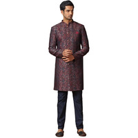 Kisah Men's Indo-Western Sherwani Trouser Set, Multi Jacquard, Woven Design Regular Fit Mandarin Collar Long Sleeves (40) Multicolour