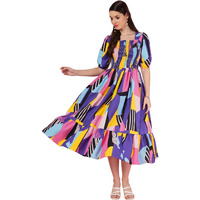 Kzully Women's | Elevated Elegance Redefining Style With The Smocked A-Line Midi Dress Blue-Pink