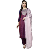 Lookmark Women's Art Silk Purple Color 3/4 Sleeve Straight Kurta With Pant And Light Pink Color Dupatta(Ks2065-Xl_)