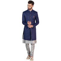 Kisah Men's Kurta Indo-Western Sherwani Churidar Set, Navy Blue Cotton Blend, Solid Dyed Regular Fit Mandarin Collar Long Sleeves (38)
