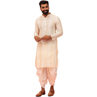 Kisah Men's Kurta Dhoti Set, White Pure Cotton, Embroidered Long Sleeves Regular Fit Mandarin Collar (X-Large)