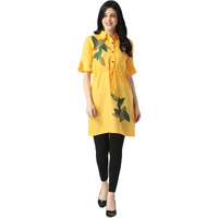 Om Sai Latest Creation Women's Cotton Solid Stitched A-Line Kurti/Kurta And Bottom Set With Pent (Leggings) For Women & Girls (Small, Yellow)
