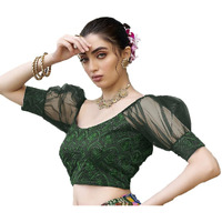 Pujia Mills Womens Net Fabrics Round Neck Puff Sleeve Blouse (Bottle Green, 38)