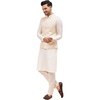 See Designs Men Off White Kurta Pajama & Gold Woven Design Jacquard Nehru Jacket - Sd2Nj_23301Xs