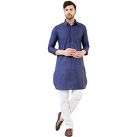 See Designs Men Navy Blue Cotton Solid Curved Hemline Full Sleeve Side Slit Pathani Kurta - Bnrskt613Xl