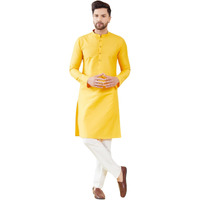 See Designs Men Long Sleeve Side Slit Mandarin Collar Yellow Cotton Solid Straight Kurta - Sdkt2483L