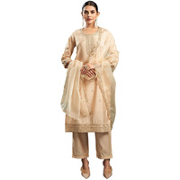 Sanisa Women's Viscose Chanderi Sequins And Embroidery Work Straight Kurta With Pant And Dupatta Set (177Kbd1893N-L_Beige)