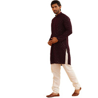 Sojanya (Since 1958 Men's Cotton Gold Embroidered Sequinned Purple Kurta With White Churidar Pyjama
