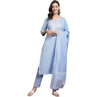 Stylum Women's Printed & Embellished Cotton Straight Kurta Pant Dupatta Set (Kpdskydrive36_Turquoise, S)