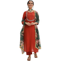 Varanga Women Maroon & Silver Embroidered Straight Kurta With Round Neck, Three-Quarter Sleeves, Paired With Solid Trouser And Floral Printed Dupatta With Rose Gold Fringes (Extra Large)