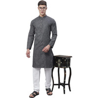 Sojanya (Since 1958 Men's Cotton Linen Black Foil Printed Kurta And White Pyjama Set