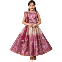 Aarika Girls Ethnic Wear Wine Colour Floral Print Embellished Stone Silk Lehenga Choli Set (5-11 Years)