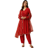 Fiorra Women's Red Silk Blend Nayra Cut Kurta With Pant And Dupatta Set0166