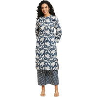 Gufrina Women's Blue&White Cotton Kurta Set With Pants, Round Neck, Front Button Opening, Printed Design (Brown Xxl)