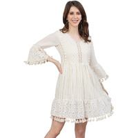 Ishin Women's Cotton Above Knee Length A-Line Indo Western Dress Topknm-11017_S_Off White
