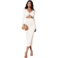 Kotty Women's V-Neck Bodycon Midi Dress(White,L)