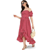 Oomph! Flared Dress For Women Stylish | Long One Piece For Women | Off Shoulder Puff Sleeve Long Dress | Floral Print Maxi One Piece | Western & Fusion Wear Bohemian Style Maroon