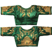 Pujia Mills Women's Multicolor Heavy Hand Embroidery Taj Mahal Design Work Khatli Work Phantom Silk Readymade Saree Half Sleeve Blouse (Mum Taj Blouse_ Green 38)