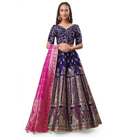 Purvaja Women's Jacquard Semi-Stitched Lehenga Choli (Kumbh-Navy-Blue_Navy-Blue_Free Size)