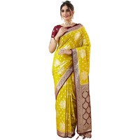 Satrani Women's Silk Weaving Saree With Unstitched Blouse Piece (4090S352N_Lime Yellow & Wine)
