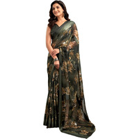 Satrani Women's Georgette Floral Printed Satin Stripe Saree With Unstitched Blouse Piece (3881S123N_Dark Green)