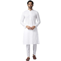 See Designs Mens Kurta | Specially Crafted And Designed For The Eid Festival White Cotton Embroidered Kurta With Pajama Set Mandarin Collar Long Sleeves Chikankari Kurta | Sdkt109201S