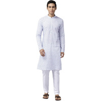 See Designs Men Mandarin Collar White & Blue Pure Cotton Embroidered Staright Full Sleeve Kurta With Pajama - Sd2Mekt_125801Xxl