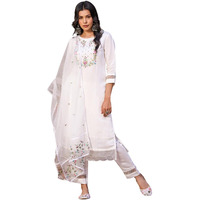 Shiv Textiles Embroidery Off White Kurta Trousers With Dupatta Striped Viscose Silk Blend Three-Quarter Sleeves Kurta Sets For Womens(Jd-Vidya-Offwhite-L)