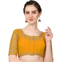 Vihu Fashion Women's Multicolor Heavy Hand Morpankh Sleeves Embroidery Thread Stone Work Phantom Silk Readymade Blouse For Saree And Lehenga Choli (Yellow, 38)