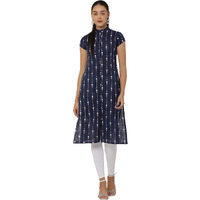 See Designs Women Navy Blue & White Khari Print Cape Sleeve Straight Kurta - Sd1600Xs