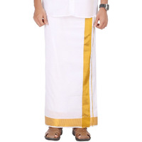 Prakasam Cotton Solid White Double Layer Dhoti With Golden Jari Border Dhoti For Mens (1.26 X 3.60 Meter) 2 Inch Jari Border (8 Mulam)