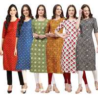 Pinkmint Women's Crepe Digital Print Straight Kurta Pack Of 6 Multicolour