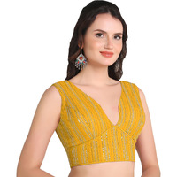 Pujia Mills Women's Indian Ethnic Wear Sabyasachi Sequence With Dhaga Embroidered Zari Work Sweetheart Neck Blouse Sleeveless Readymade Padded Saree Back Open String Pattern Blouse