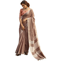 Pujia Mills Woman Soft Linen Saree With Zari Woven Design Cotton Saree Zari Border Saree Indian Ethnic Wear Saree Cotton Saree Casual Light Brown Linen Saree Border Work Saree Plain Professional Saree
