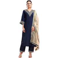 Sanisa Women's Silk Sequence And Embroidery Work Lace Straight Kurta With Pant And Dupatta Set (104Kbd1137Nb-Xxl_Navy Blue)