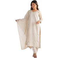 Sanisa Women's Silk Sequins And Embroidery Straight Kurta With Pant And Dupatta Set (235Kbd2484N-Xl_Beige)