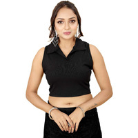 Shasmi Women's & Girls' Solid Ribbed Polo Club Collar Sleeveless Slim Fit Simplicity Blouse For Women (Blouse 49 Black M)