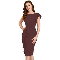Shasmi Girl's & Women's Asymmetrical Sleeve Ruffle Trim Cocktail Party Fitted One Piece Knee Length Midi Dress For Women Stylish Dresses (Midi 169 Brown-L)